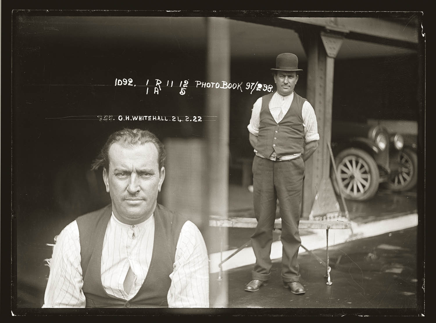 Mug shot of George Whitehall, 24 February 1922, possibly rear of Newtown Police Station.