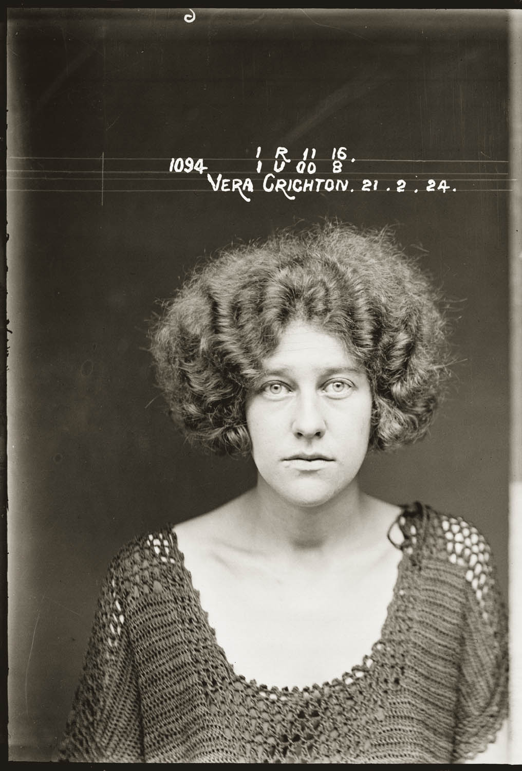 Mug shot of Vera Crichton, taken 21 February 1924, probably Central Police Station, Sydney.