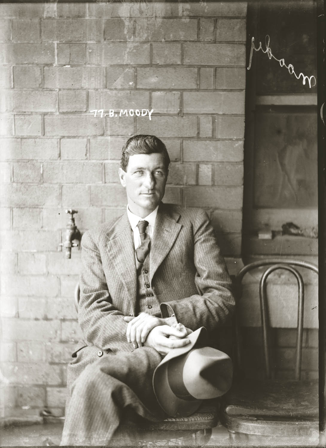 Mug shot of B Moody, Newtown Court, ca.1919. Details unknown.