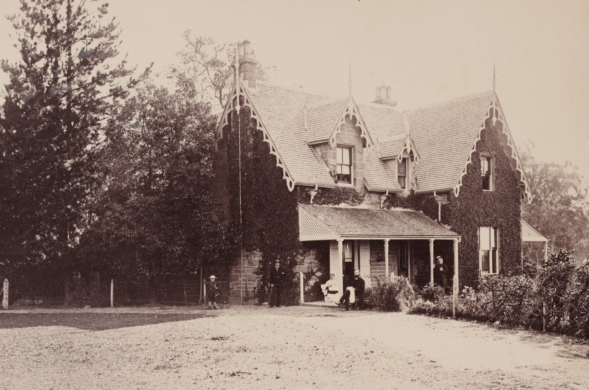 Reverend Arthur Wellesley Pain and members of his family at the Parsonage, Cobbitty, c1877 / photographer unknown