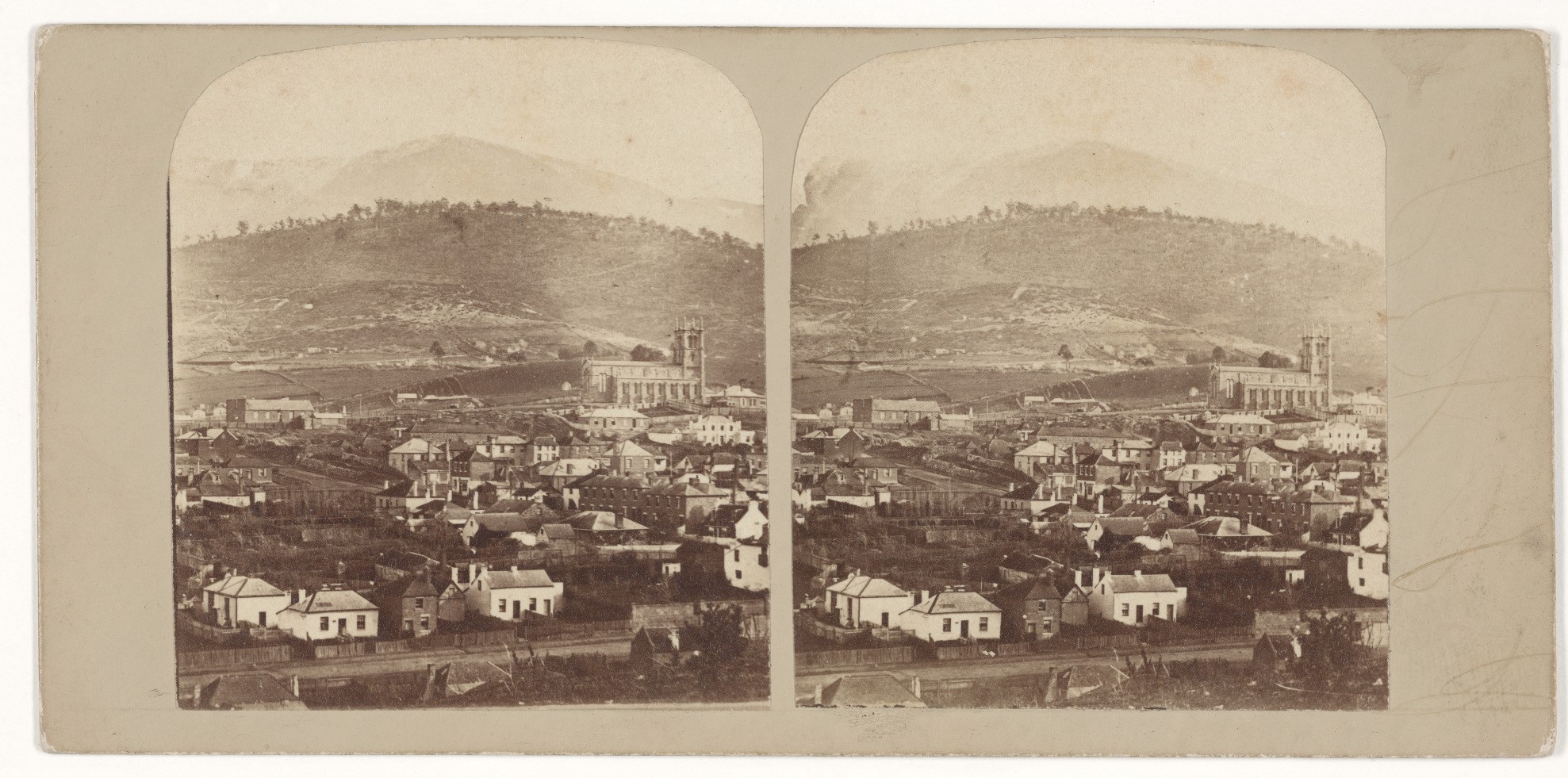 Clifford fecit 1860, Hobart Town and Mount Wellington, from the Domain. / Trinity Church on the right / Samuel Clifford.